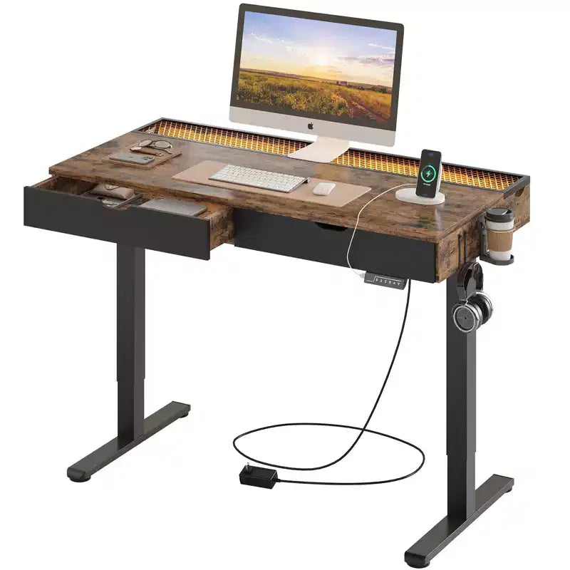 Scrivania elettrica Bestier 47 x 24 pollici con doppio cassetto e luce LED per ufficio domestico, scrivania regolabile in altezza, scrivania per computer