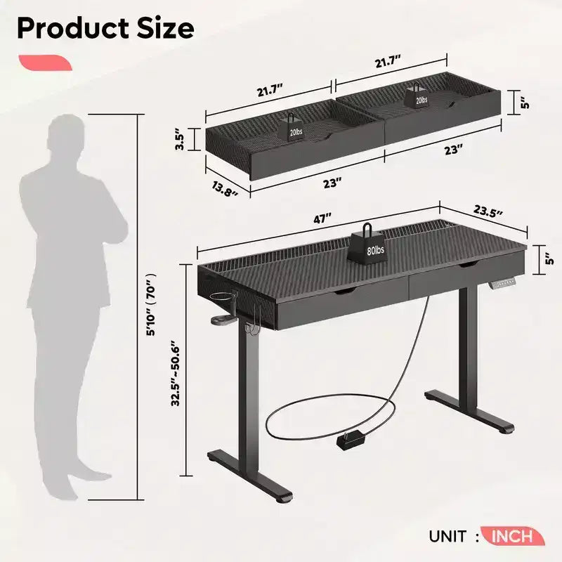 Scrivania elettrica Bestier 47 x 24 pollici con doppio cassetto e luce LED per ufficio domestico, scrivania regolabile in altezza, scrivania per computer