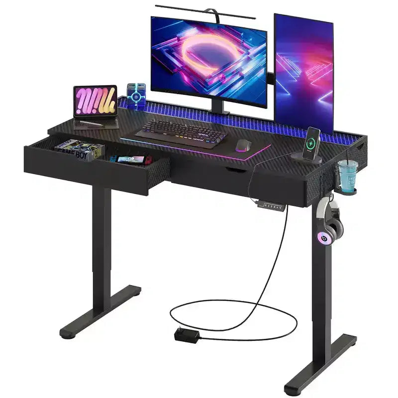 Scrivania elettrica Bestier 47 x 24 pollici con doppio cassetto e luce LED per ufficio domestico, scrivania regolabile in altezza, scrivania per computer