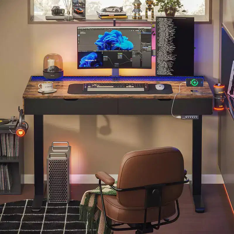 Scrivania elettrica Bestier 47 x 24 pollici con doppio cassetto e luce LED per ufficio domestico, scrivania regolabile in altezza, scrivania per computer