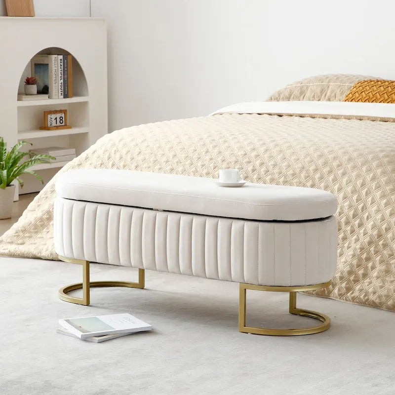 Panca contenitore imbottita ovale in velluto con gambe in metallo dorato – Panca da camera da letto da fondo letto