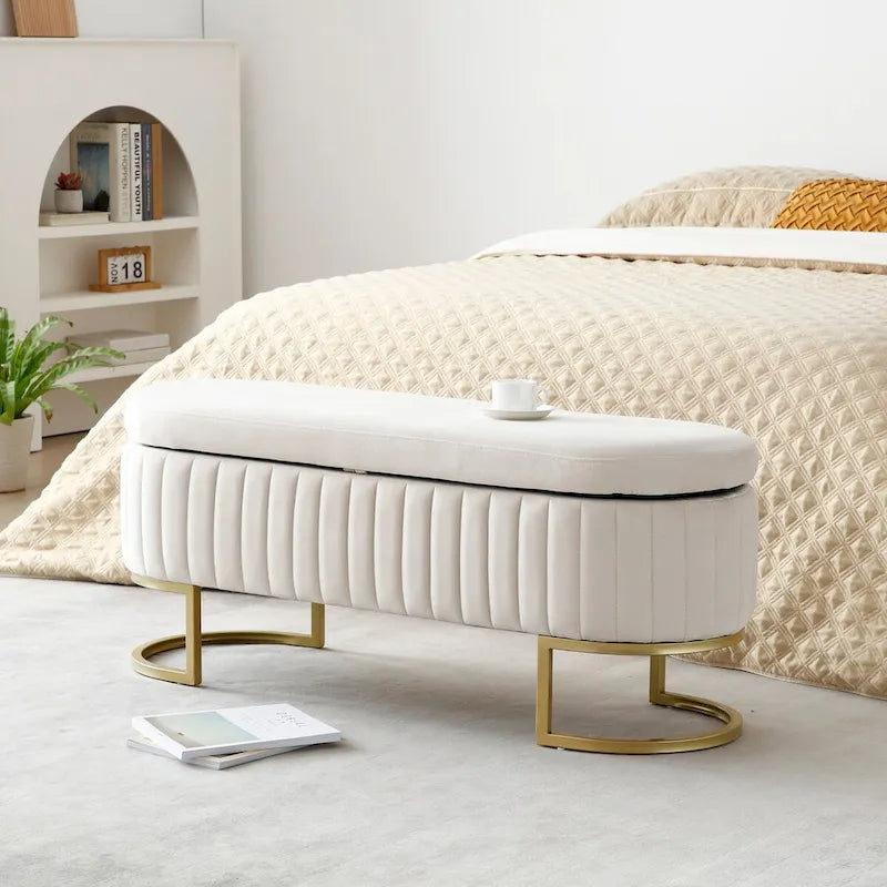 Panca contenitore imbottita ovale in velluto con gambe in metallo dorato – Panca da camera da letto da fondo letto