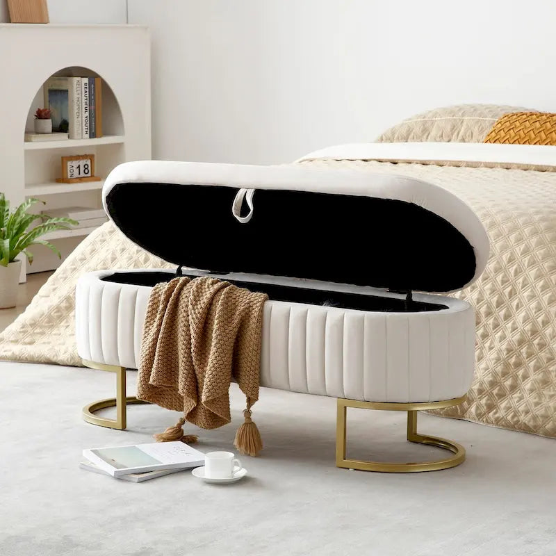 Panca contenitore imbottita ovale in velluto con gambe in metallo dorato – Panca da camera da letto da fondo letto