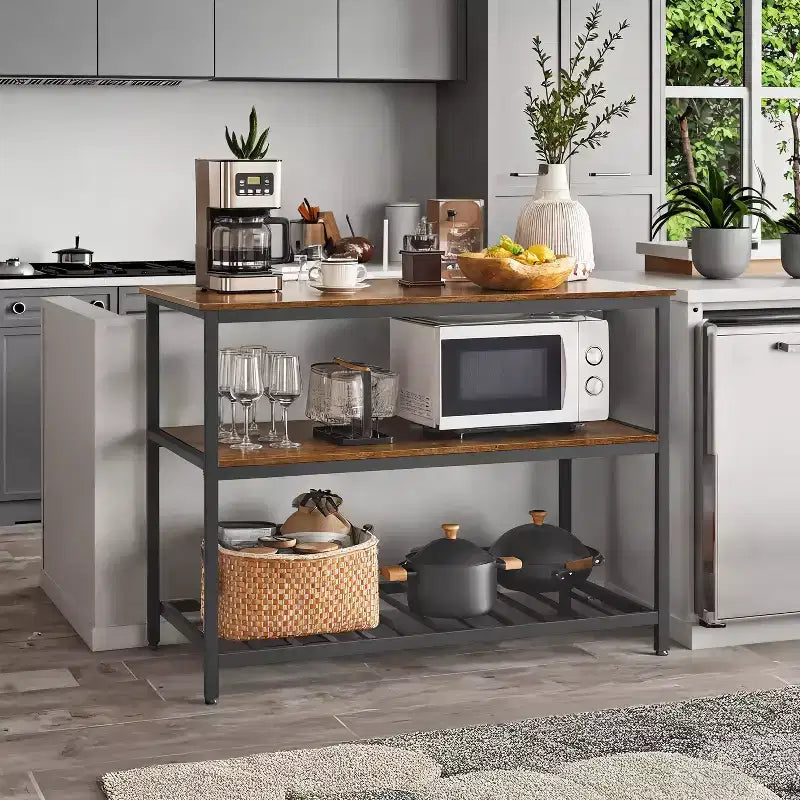 Isola da Cucina con 3 Ripiani, Tavolo a isola, Mensola da Cucina Larga 120 cm con Ampio Piano di Lavoro, Struttura Stabile in Acciaio, Industriale, Facile da Montare