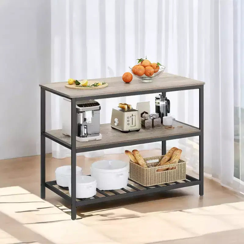 Isola da Cucina con 3 Ripiani, Tavolo a isola, Mensola da Cucina Larga 120 cm con Ampio Piano di Lavoro, Struttura Stabile in Acciaio, Industriale, Facile da Montare