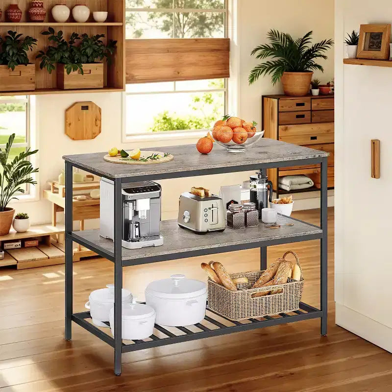 Isola da Cucina con 3 Ripiani, Tavolo a isola, Mensola da Cucina Larga 120 cm con Ampio Piano di Lavoro, Struttura Stabile in Acciaio, Industriale, Facile da Montare