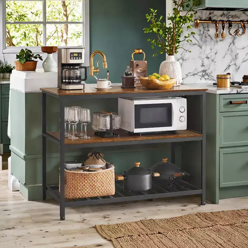 Isola da Cucina con 3 Ripiani, Tavolo a isola, Mensola da Cucina Larga 120 cm con Ampio Piano di Lavoro, Struttura Stabile in Acciaio, Industriale, Facile da Montare