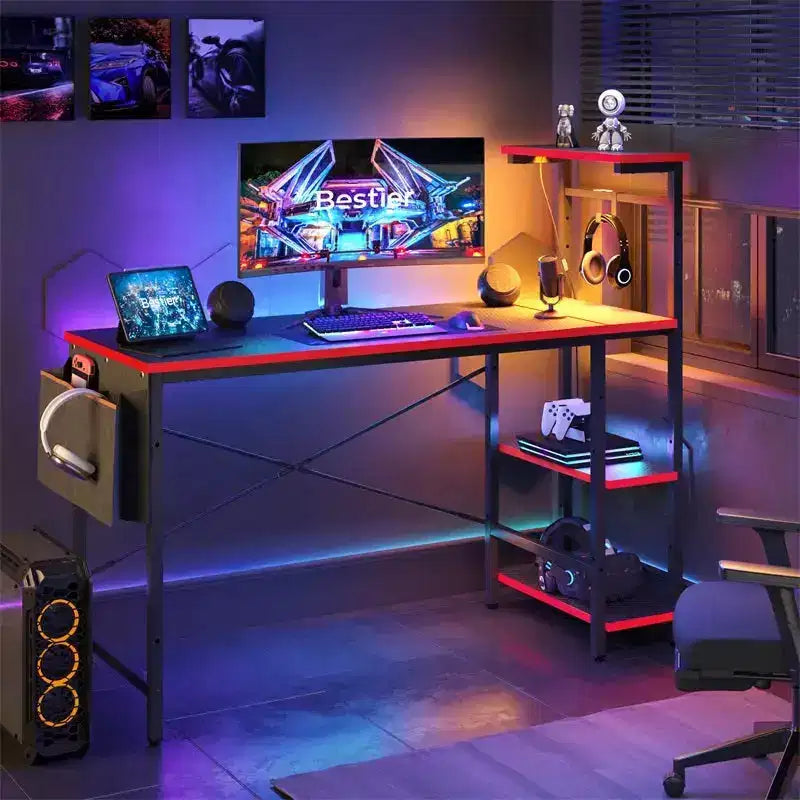 Bestier Scrivania da gaming a LED da 52 pollici con 4 ripiani e borsa portaoggetti