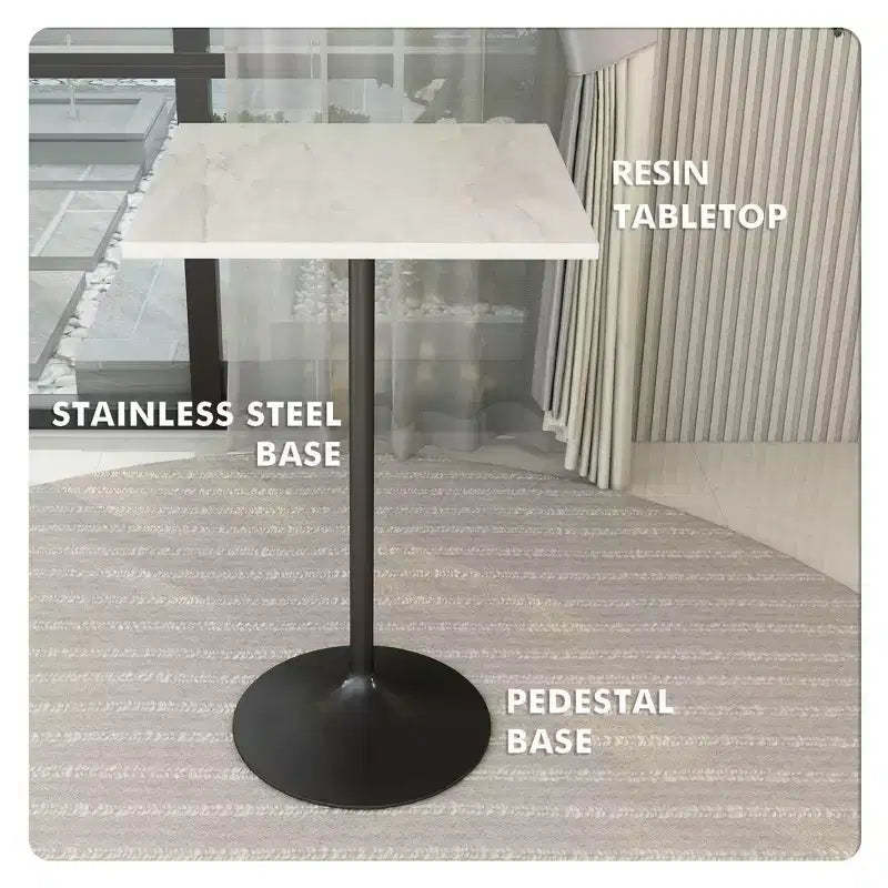 LeisureMod Verve Tavolo da Bar Quadrato da 27 - Tavolo Moderno con Piano in Resina e Base a Colonna in Acciaio Nero, Altezza Contro per Cucina, Casa e Pub