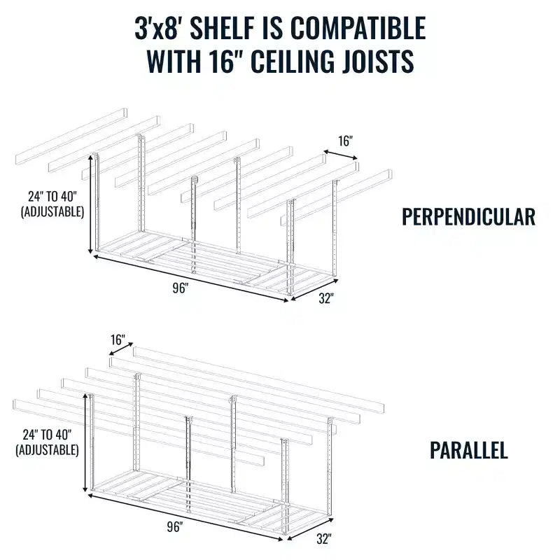 StoreYourBoard 3' x 8' Faber Portatutto pensile da garage con ganci | Capacità 317 kg