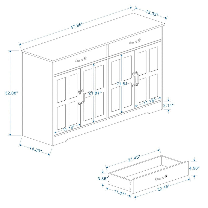 Credenza/Madia per Fattoria con 2 Cassetti e 4 Ante