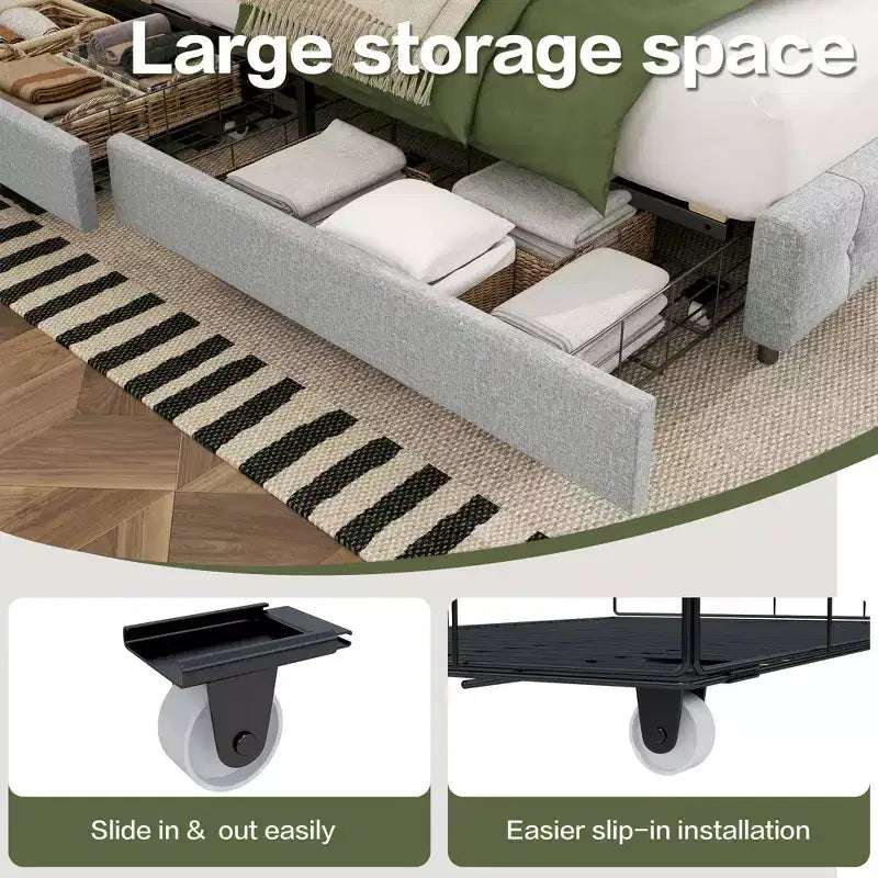 HYLEORY Struttura Letto Queen con Contenitore con 4 Cassetti e Testiera, Letto a Piattaforma Imbottito