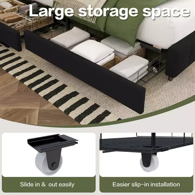 HYLEORY Struttura Letto Queen con Contenitore con 4 Cassetti e Testiera, Letto a Piattaforma Imbottito