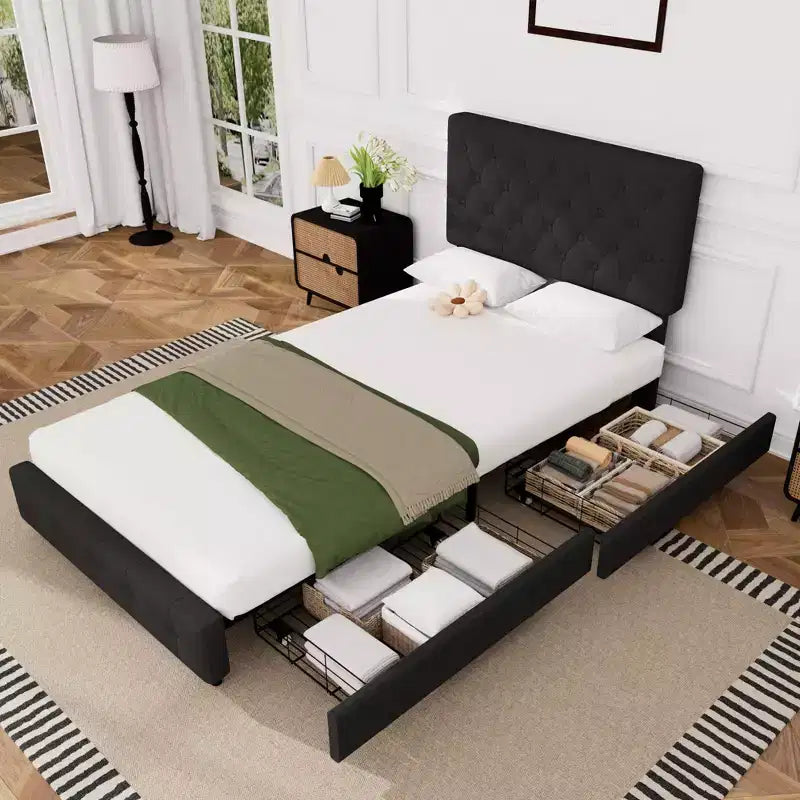HYLEORY Struttura Letto Queen con Contenitore con 4 Cassetti e Testiera, Letto a Piattaforma Imbottito