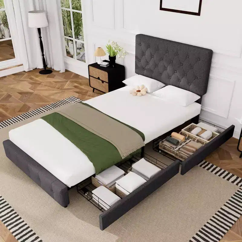 HYLEORY Struttura Letto Queen con Contenitore con 4 Cassetti e Testiera, Letto a Piattaforma Imbottito