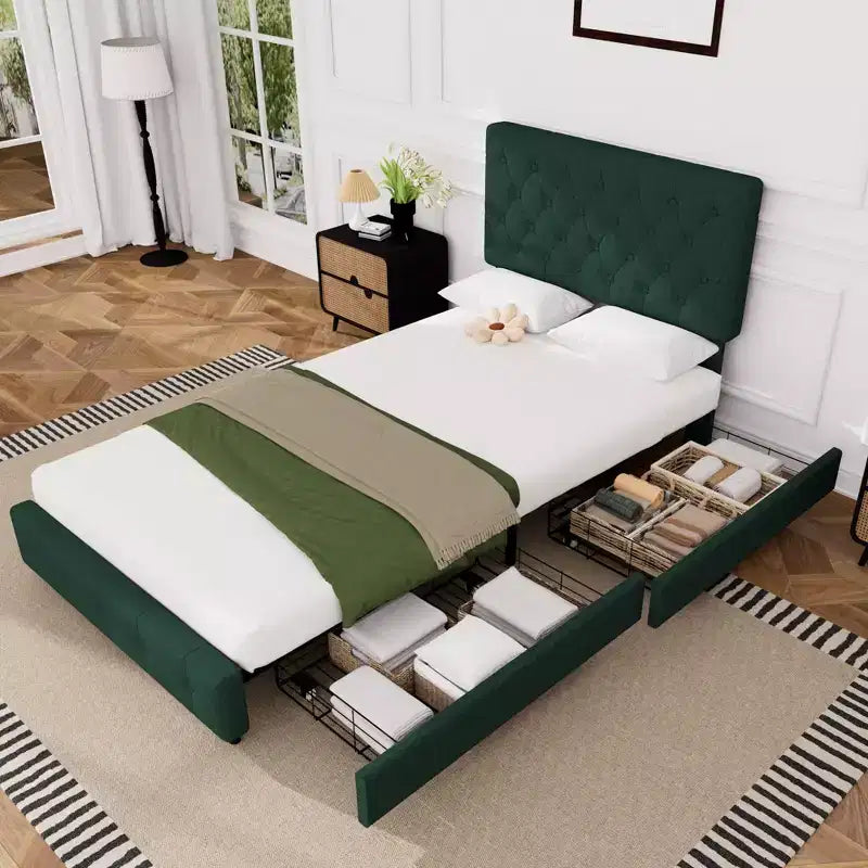 HYLEORY Struttura Letto Queen con Contenitore con 4 Cassetti e Testiera, Letto a Piattaforma Imbottito