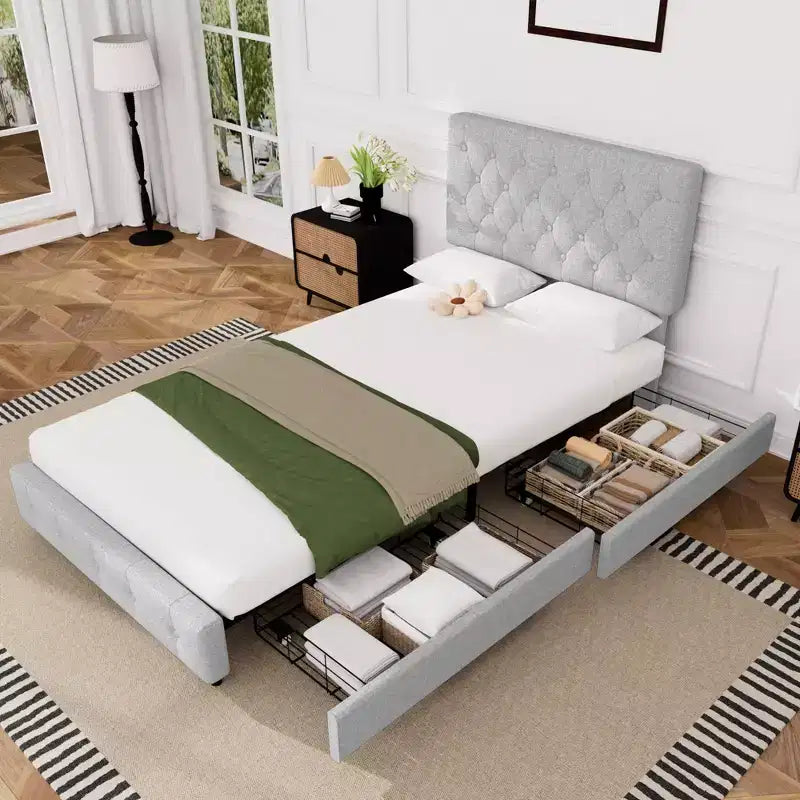 HYLEORY Struttura Letto Queen con Contenitore con 4 Cassetti e Testiera, Letto a Piattaforma Imbottito