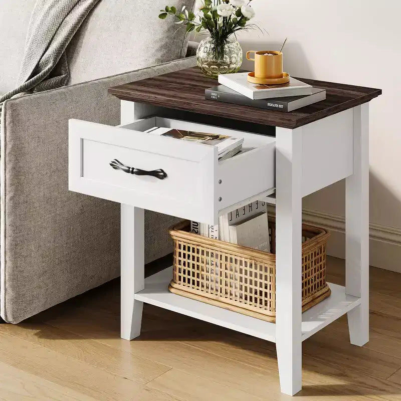 Whizmax Comodino, Tavolino da divano con cassetto, Tavolino per spazi, 2 ripiani con cassettiera, Comodino per soggiorno, camera da letto, Bianco