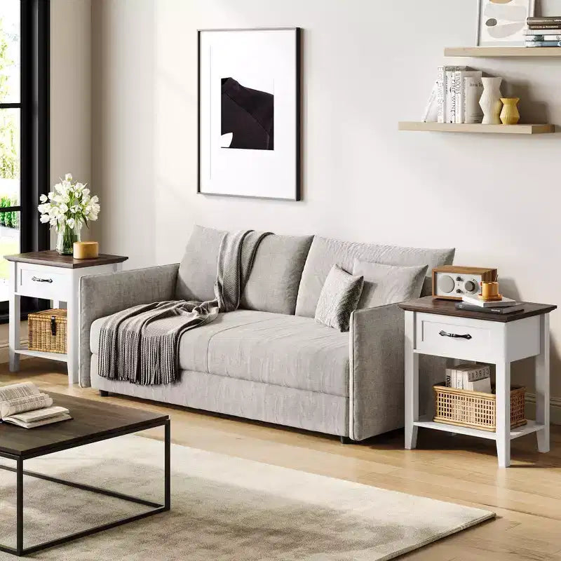 Whizmax Comodino, Tavolino da divano con cassetto, Tavolino per spazi, 2 ripiani con cassettiera, Comodino per soggiorno, camera da letto, Bianco
