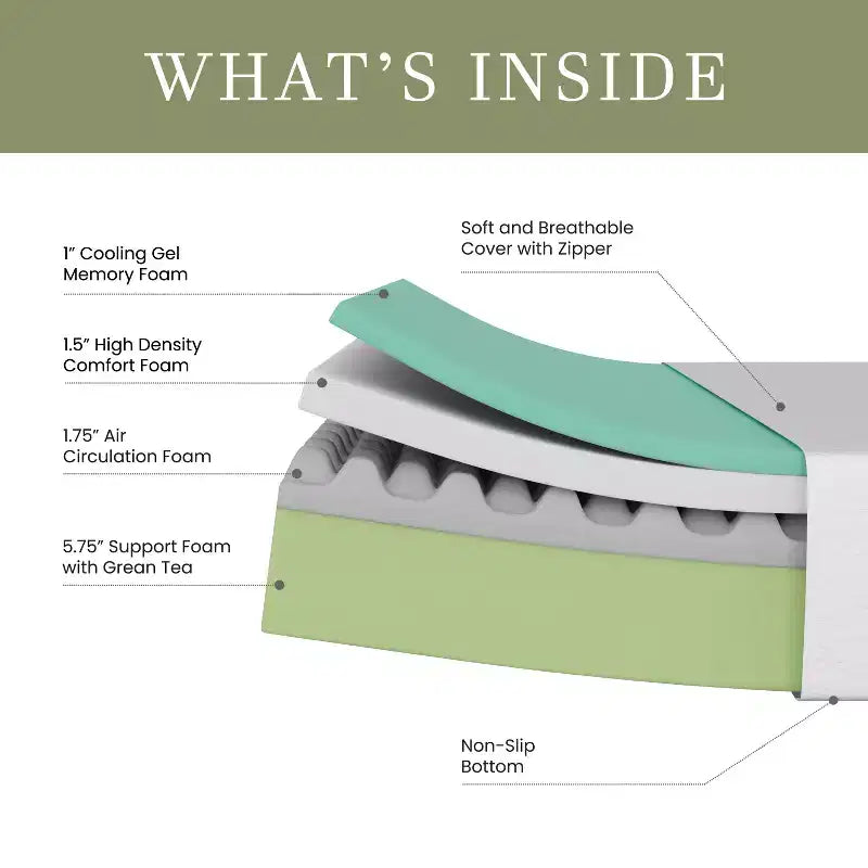 Merrick Lane Materasso in memory foam in scatola a 4 strati, schiuma infusa al tè verde, schiuma a circolazione d'aria, gel rinfrescante, schiuma certificata CertiPUR-US