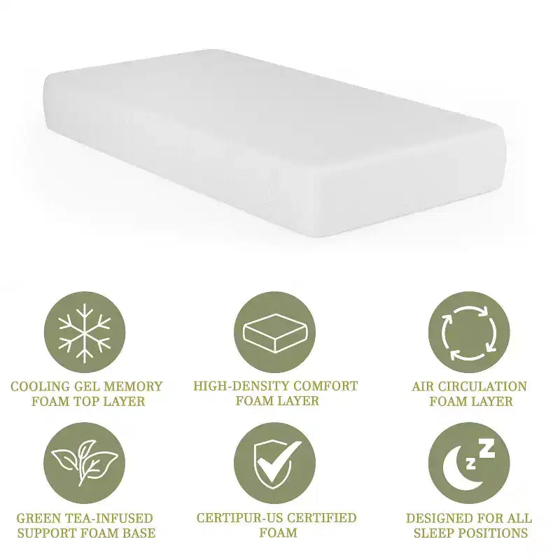 Merrick Lane Materasso in memory foam in scatola a 4 strati, schiuma infusa al tè verde, schiuma a circolazione d'aria, gel rinfrescante, schiuma certificata CertiPUR-US