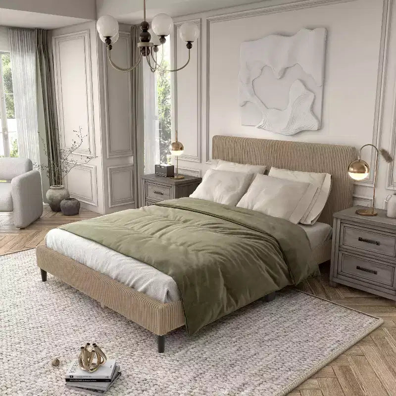 Letto a piattaforma Queen miBasics Beckman imbottito in velluto a coste con fodera rimovibile