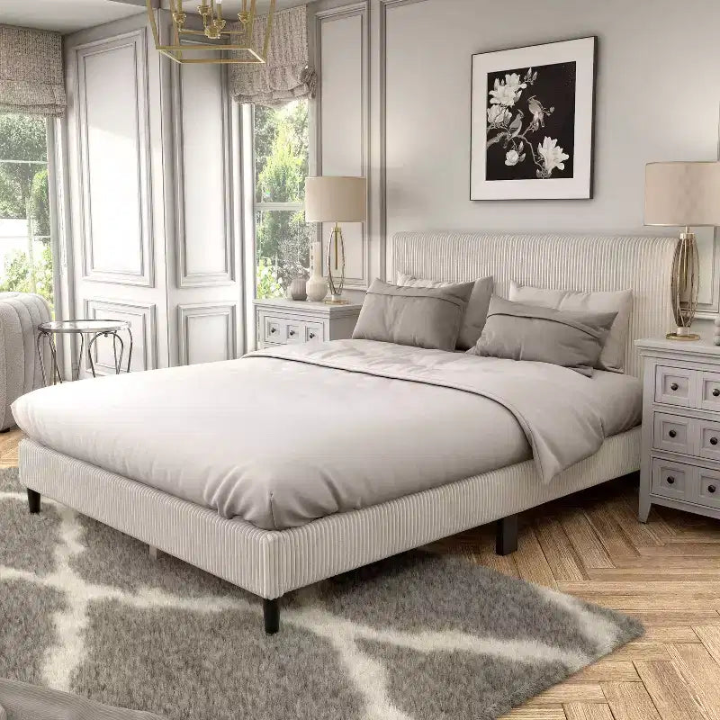 Letto a piattaforma Queen miBasics Beckman imbottito in velluto a coste con fodera rimovibile
