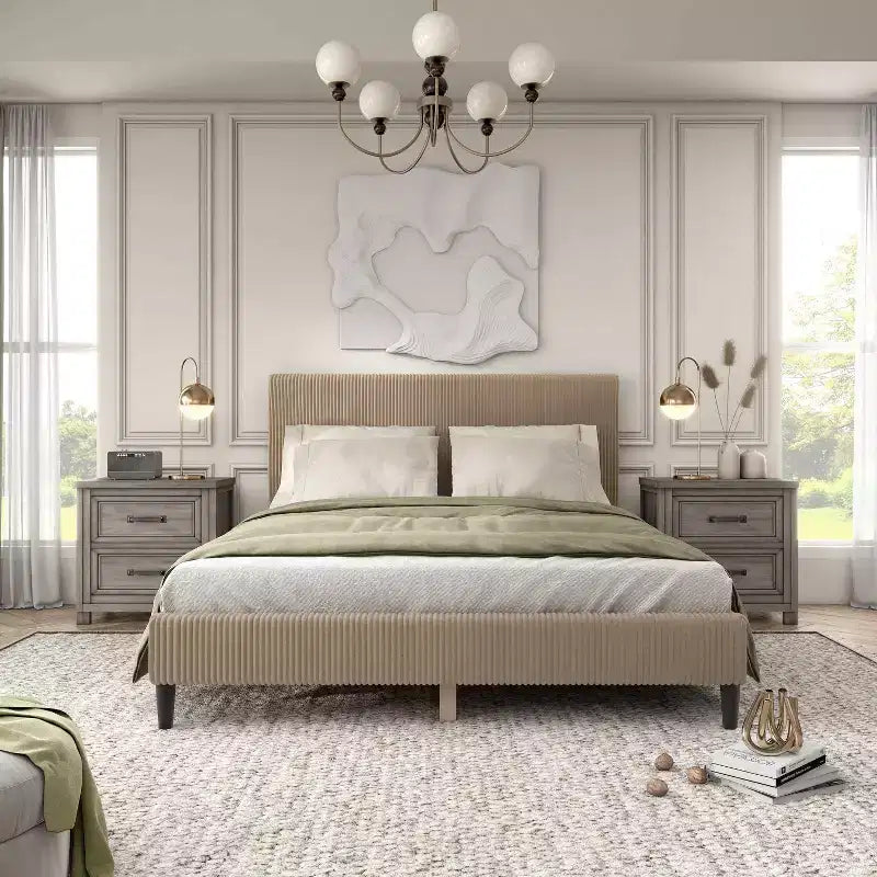 Letto a piattaforma Queen miBasics Beckman imbottito in velluto a coste con fodera rimovibile