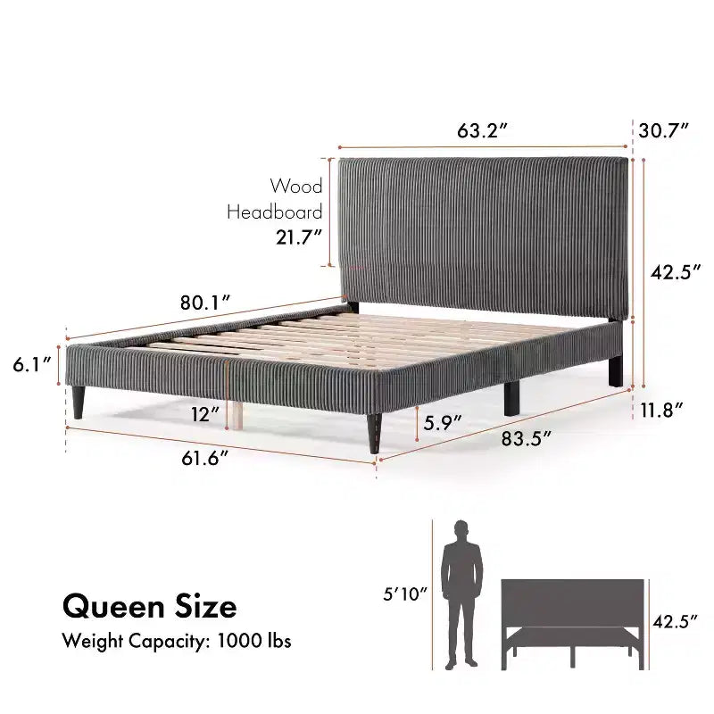 Letto a piattaforma Queen miBasics Beckman imbottito in velluto a coste con fodera rimovibile