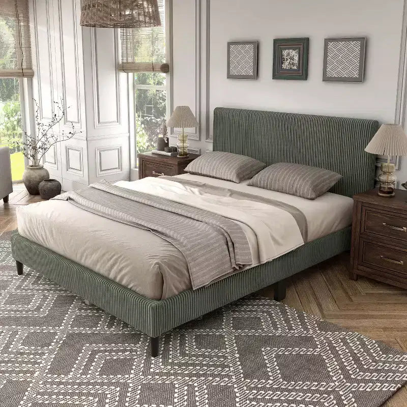 Letto a piattaforma Queen miBasics Beckman imbottito in velluto a coste con fodera rimovibile
