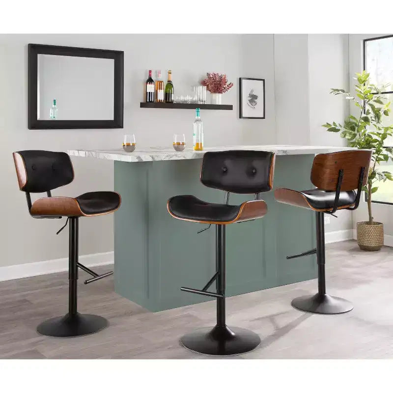 LumiSource Set di 3 Sgabelli da Bar Regolabili Lombardi Metallo Nero/Noce PU