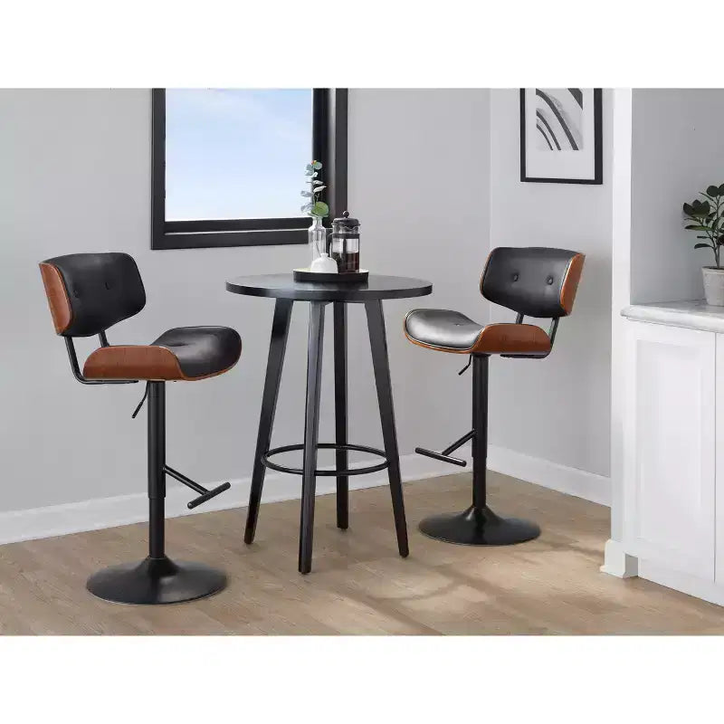 LumiSource Set di 3 Sgabelli da Bar Regolabili Lombardi Metallo Nero/Noce PU