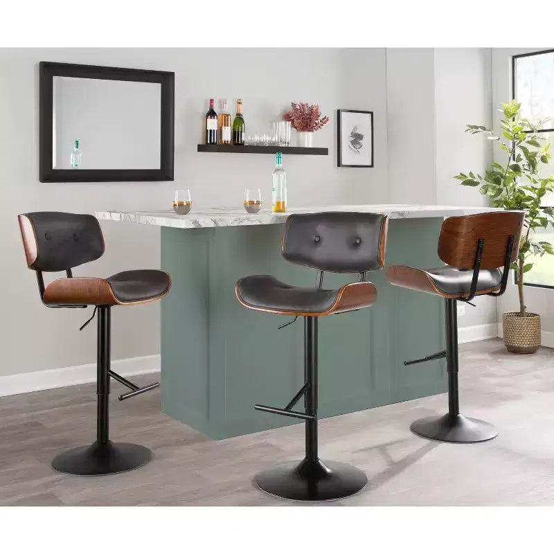 LumiSource Set di 3 Sgabelli da Bar Regolabili Lombardi Metallo Nero/Noce PU