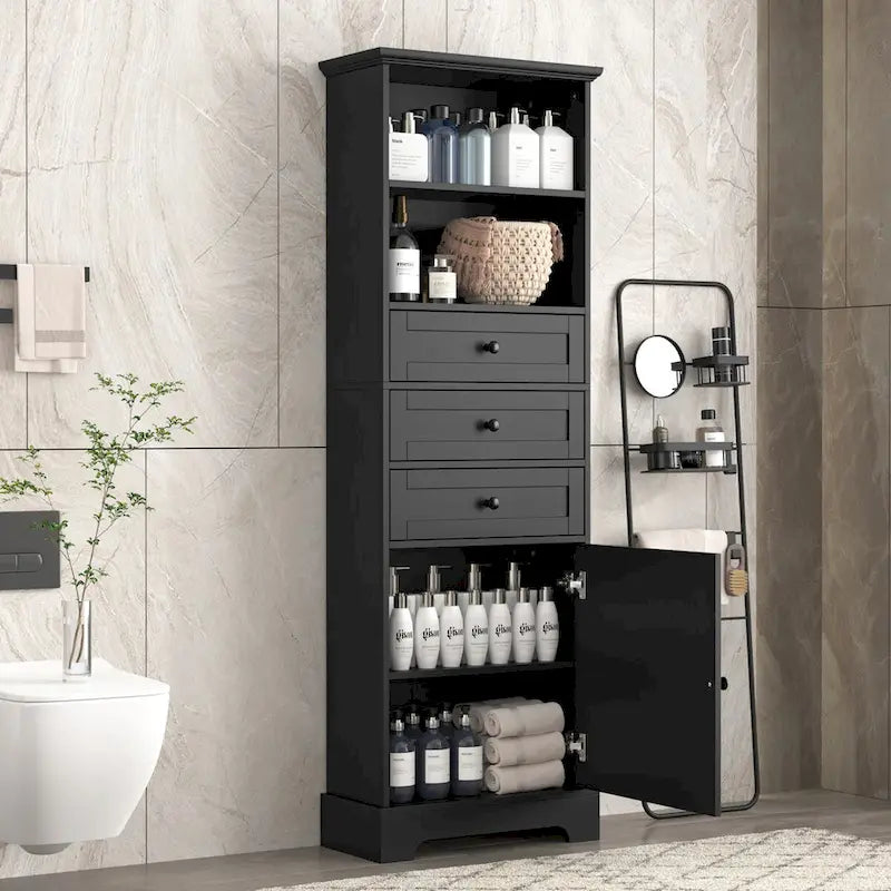 Mobile contenitore alto nero con 3 cassetti e ripiani regolabili per bagno, studio, ufficio e interni