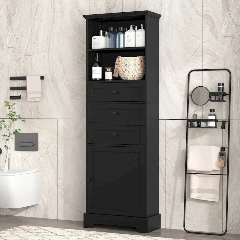 Mobile contenitore alto nero con 3 cassetti e ripiani regolabili per bagno, studio, ufficio e interni