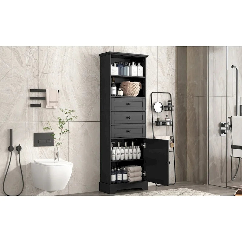 Mobile contenitore alto nero con 3 cassetti e ripiani regolabili per bagno, studio, ufficio e interni
