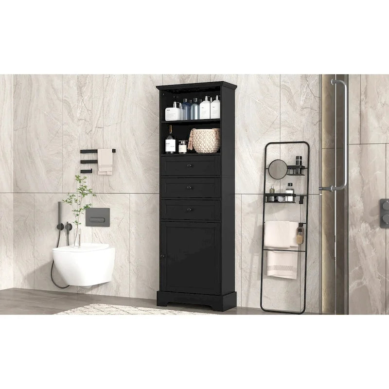 Mobile contenitore alto nero con 3 cassetti e ripiani regolabili per bagno, studio, ufficio e interni